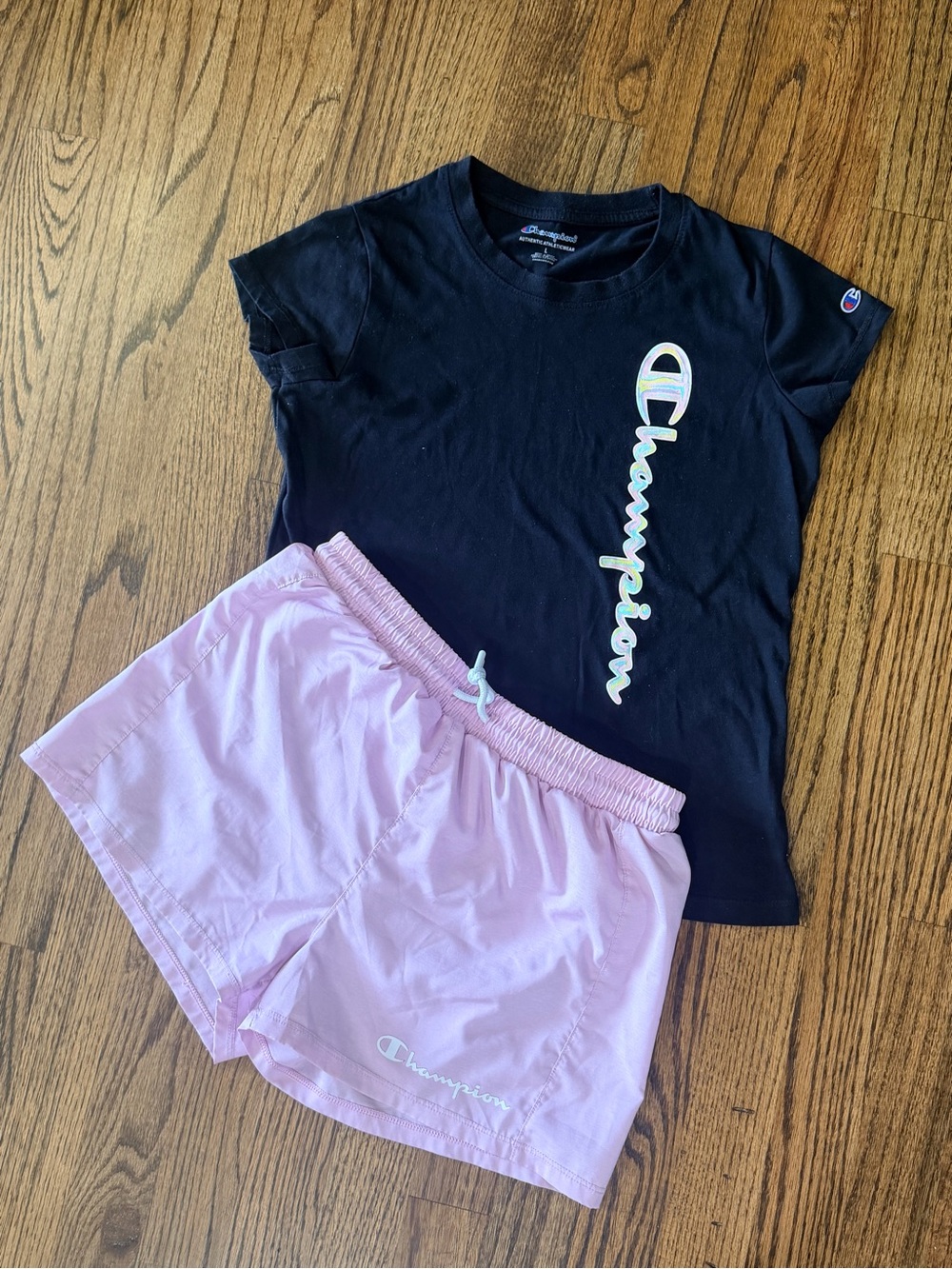 Champion Black Graphic Tee & Pink Shorts Girls Size L/14-16 Back to School